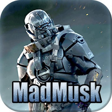 Futuristic armored figure wearing a helmet, with the text MadMusk displayed.