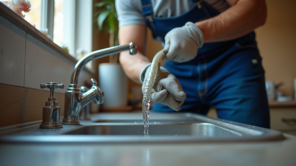 Eye-level view of a plumber using a drain snake on a kitchen sink