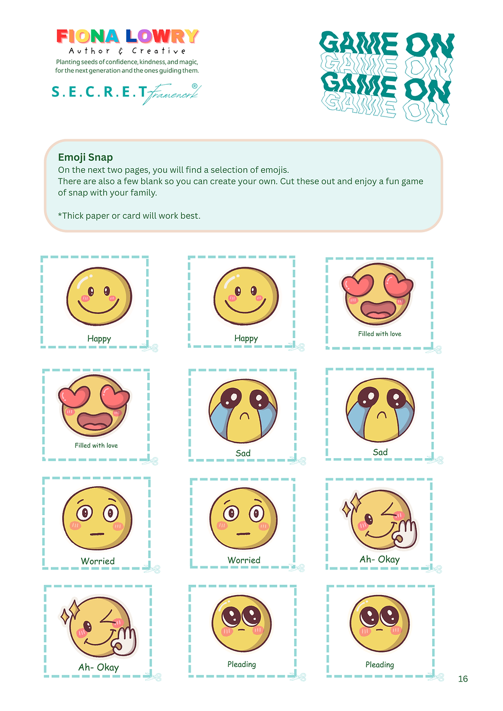 Thumbnail: Games Page showing a selection of emojis that can be cut out to enjoy a game of snap