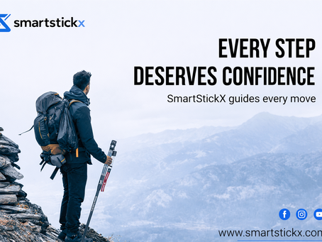 SmartStickX tactical walking stick used by a hiker on a mountain trail with the message “Every Step Deserves Confidence”.