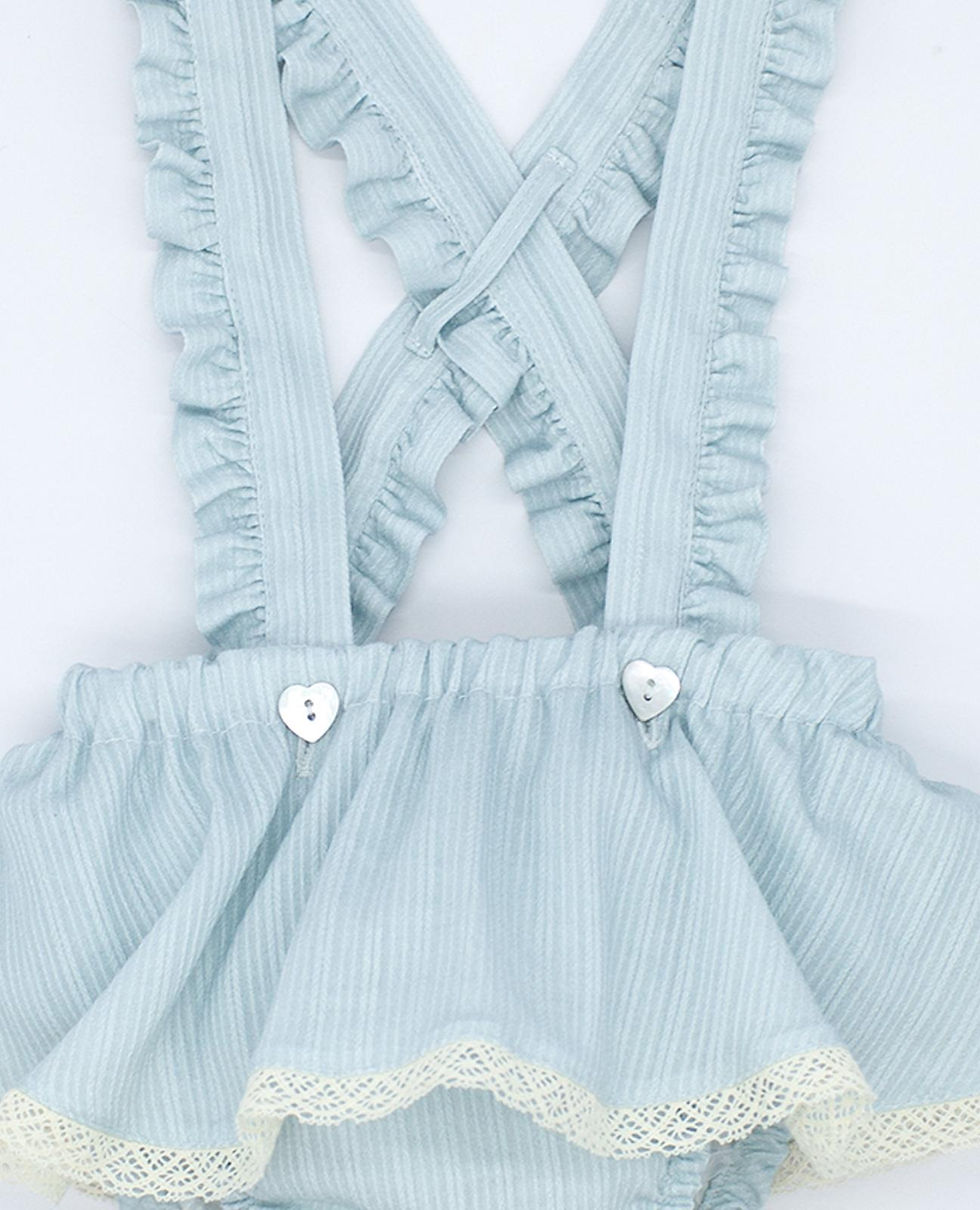 Miniatura: Blusa manga abullonada erizo blanca y falda bebé con tirantes azul