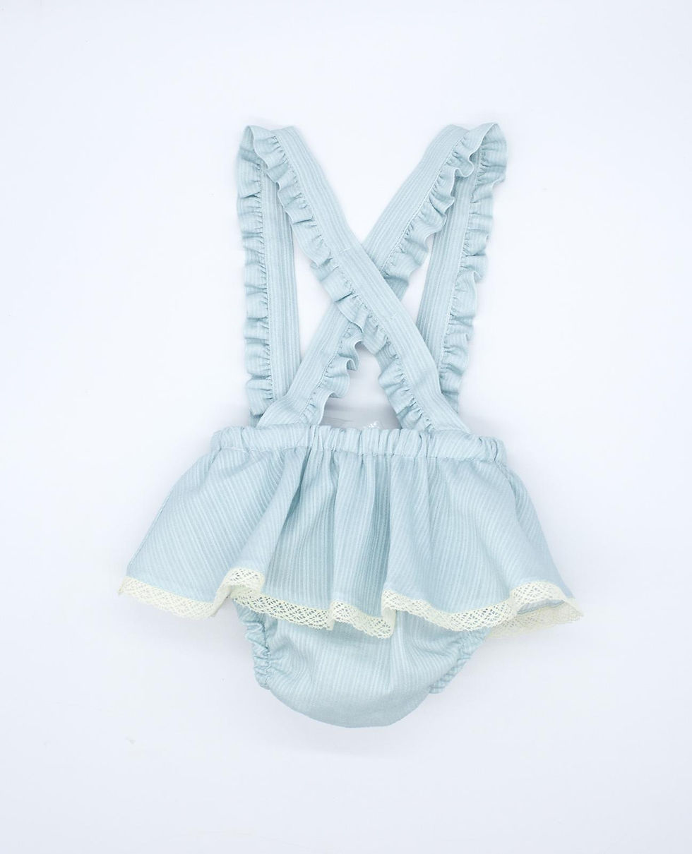 Miniatura: Blusa manga abullonada erizo blanca y falda bebé con tirantes azul