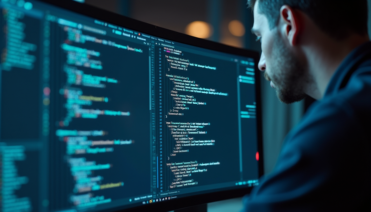 Eye-level view of a developer’s workstation with AI code suggestions on screen