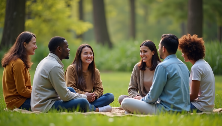 Eye-level view of a small group gathered in a circle outdoors, sharing a moment of connection