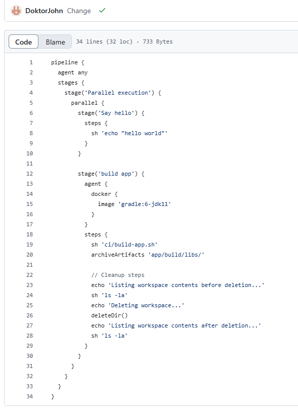 Lille Jenkinsfil pipeline, hvor den først skriver "hello world", dernæst bygger den et docker image af repositoriet, og så gemmer den artefakter, og cleaner til sidst workspace