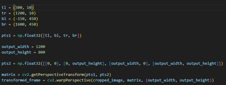 - Vi sætter et punkt for 4 hjørner af original frame, som skal danne en trapez. Så gemmer vi punkterne i "pts1" som en matrix (2 dimensionel array da vi har 2 pixel punkter pr. punkt. Output width og height er de dimensioner vi vil have vores transformed frame til at være. "pts2" repræsenterer en matrix som har dimensionerne 1200x800. Så bruger vi OpenCV librariets indbyggede funktioner getPerspectiveTransform(matrix1, matrix2) og warpPerspective(frame, matrix, dimension) til at lave transformationen.
