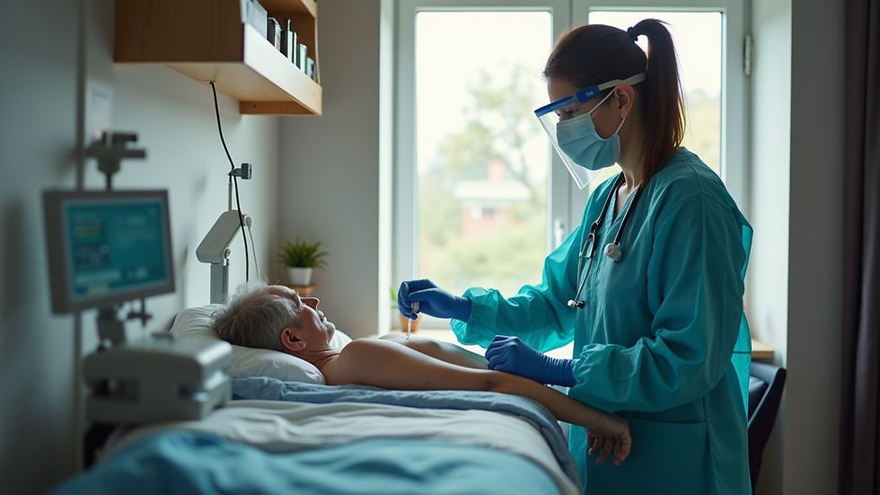 Eye-level view of a mobile phlebotomist preparing blood draw equipment in a home setting