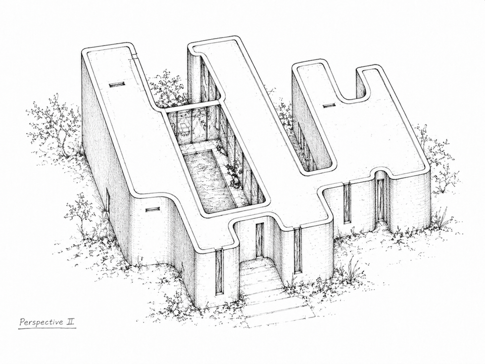 Architectural sketch of a building with a unique design.