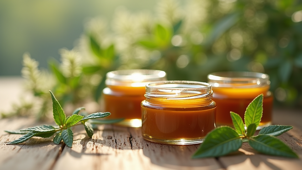 Close-up view of small glass jars filled with natural herbal balms
