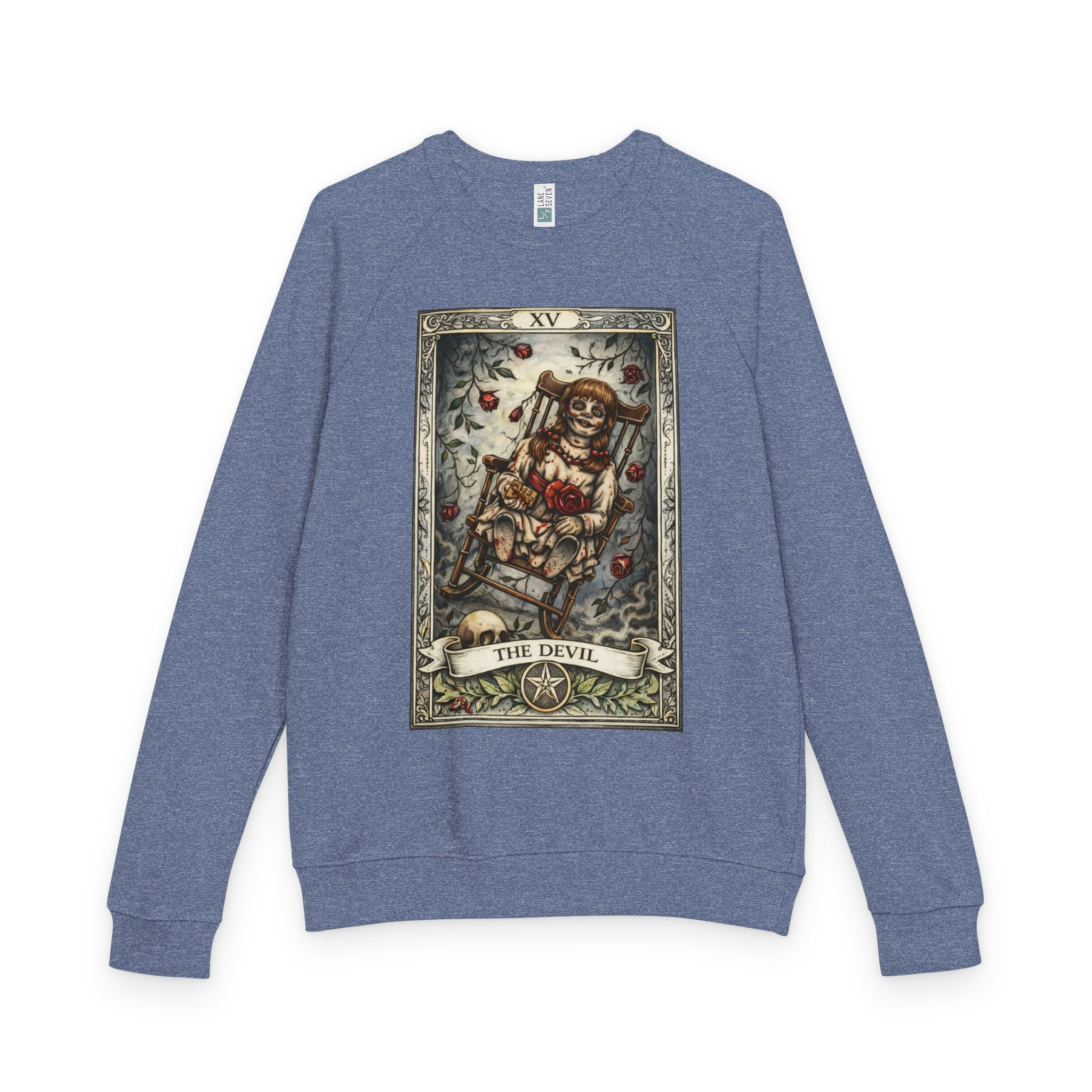 Annabelle “The Devil” tarot raglan crewneck sweatshirt featuring a vintage-inspired illustrated tarot card design