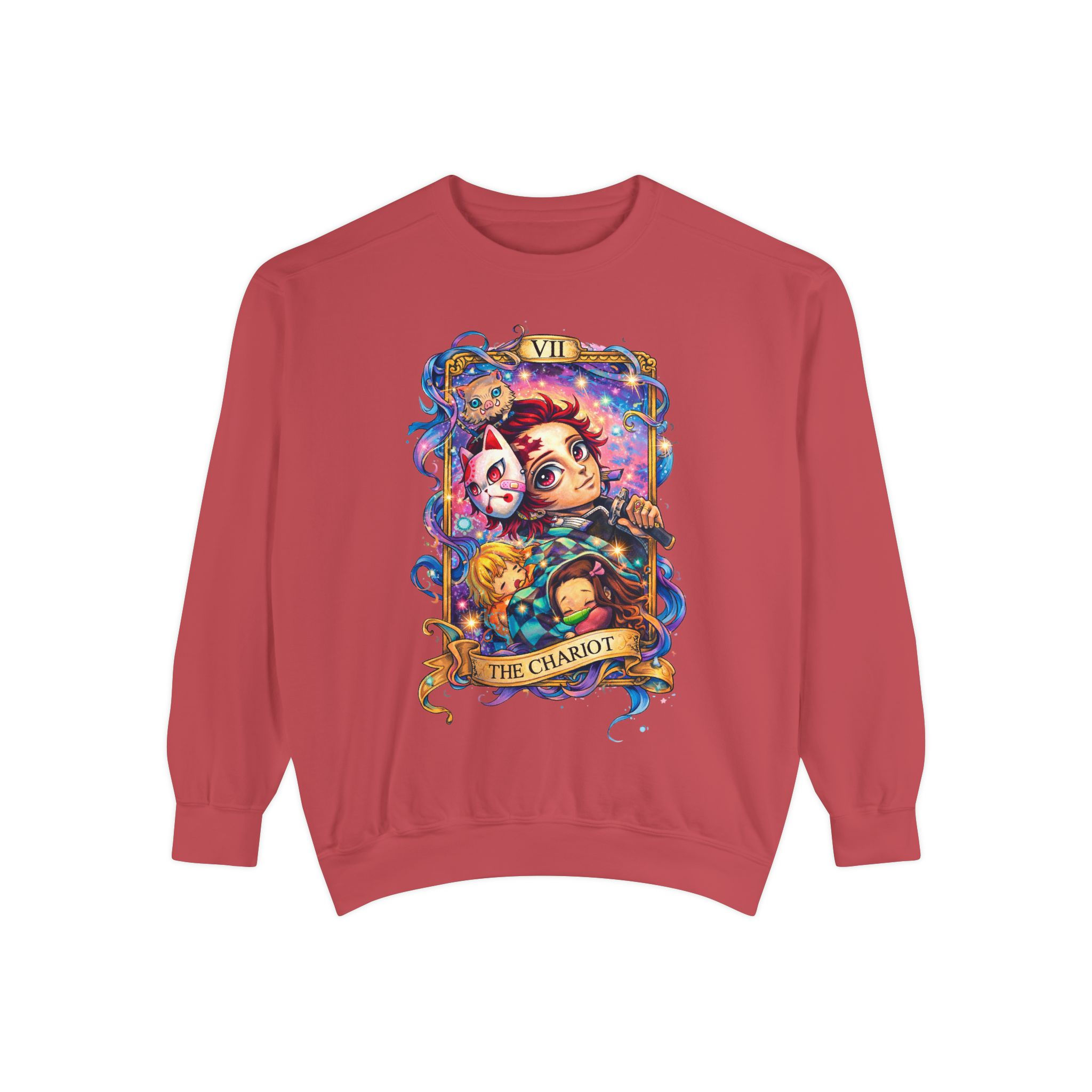 Demon Slayer tarot-style sweatshirt featuring Tanjiro Kamado and friends, displayed on a model wearing a relaxed-fit, garment