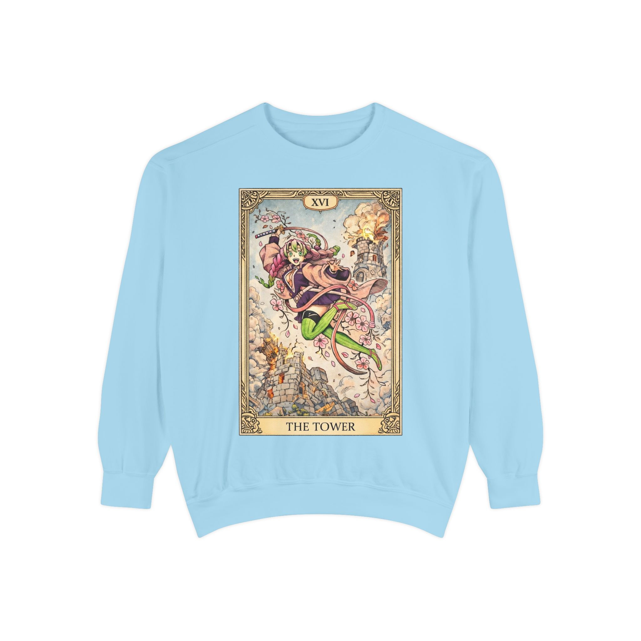 Urban fashion model wearing a Mitsuri-inspired “The Tower” tarot anime sweatshirt in pastel and earth-tone colorways