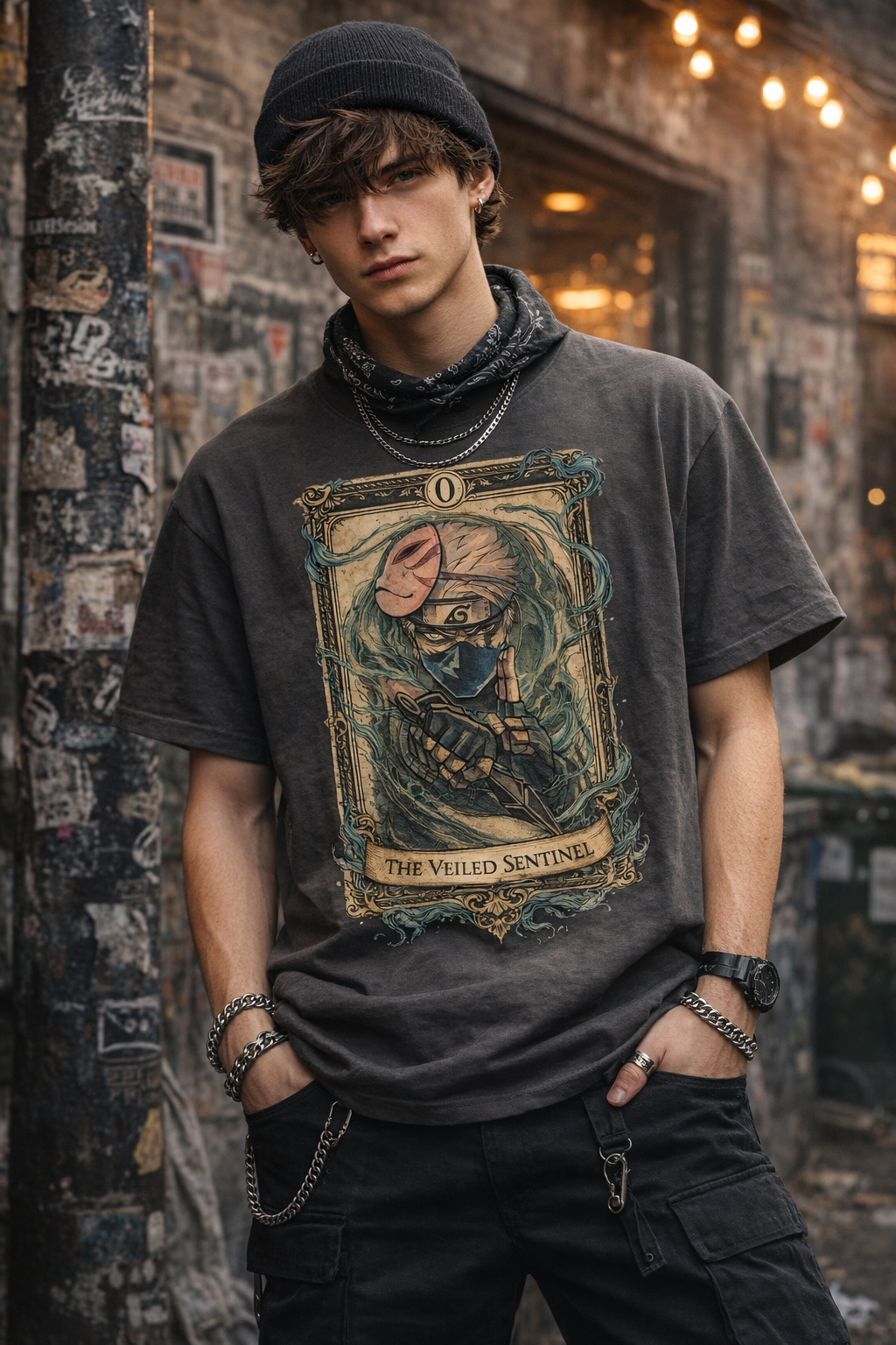 Kakashi Hatake Veiled Sentinel tarot-style graphic t-shirt in vintage streetwear style