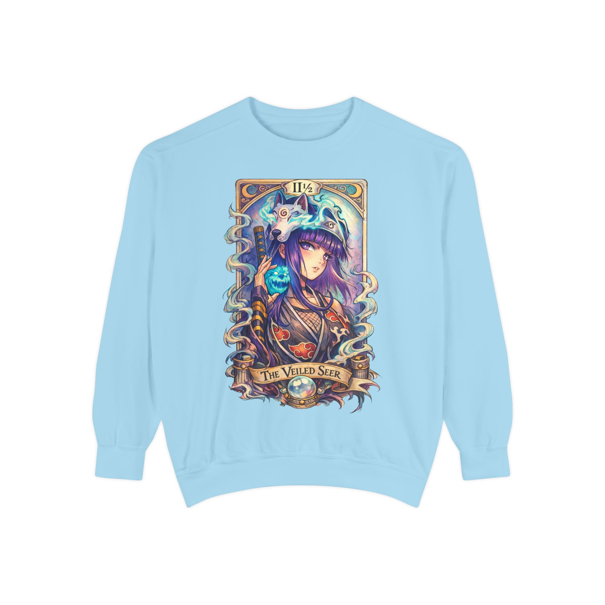 Tarot-style Veiled Seer sweatshirt featuring a violet-haired mystic illustration on a garment-dyed crewneck.