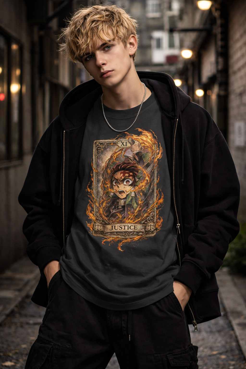 Tanjiro Kamado Demon Slayer tarot Justice graphic T-shirt with fiery anime illustration on a vintage-wash streetwear tee.
