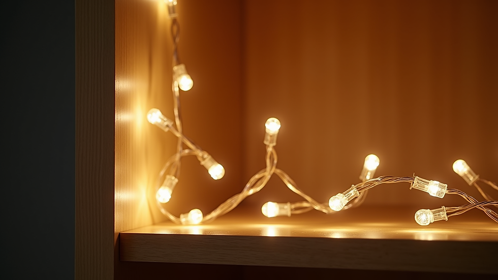 Close-up view of a battery-powered string light wrapped around a wooden shelf