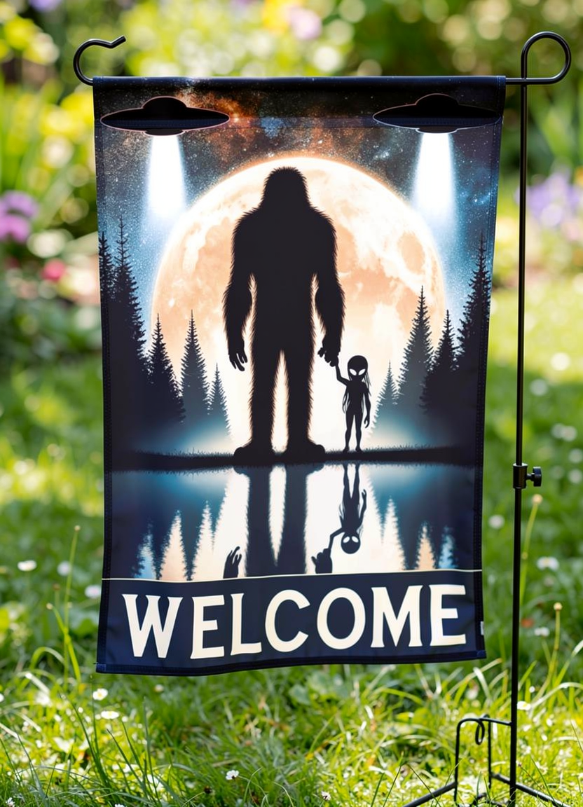 Bigfoot and Alien Garden Flag