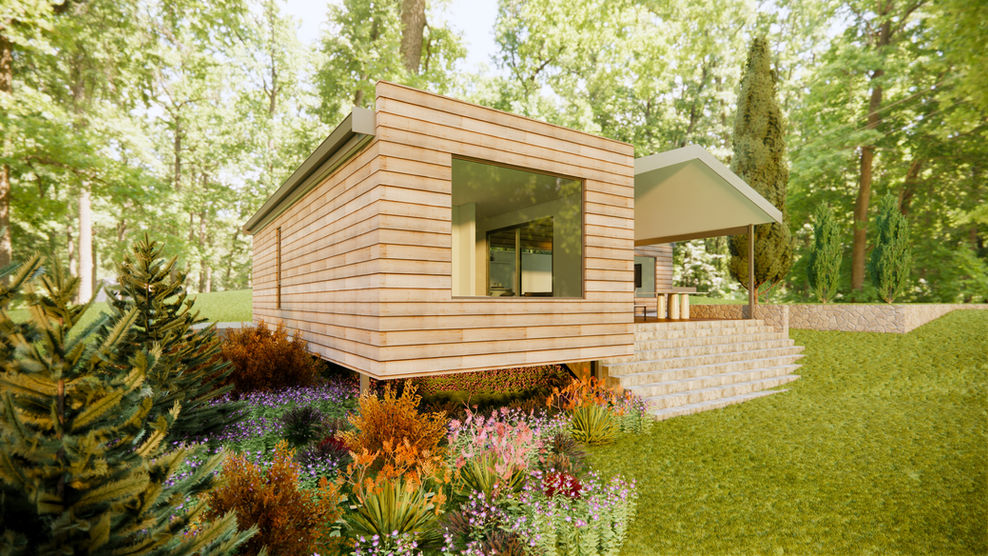 Timber-clad exterior of bedroom wing in granny flat