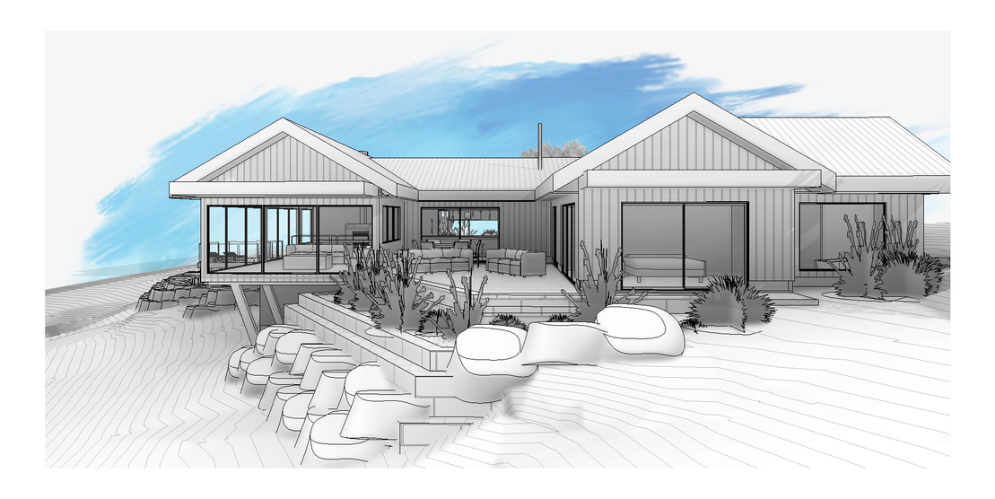 Open eastern side of custom country house with pool and glazing.