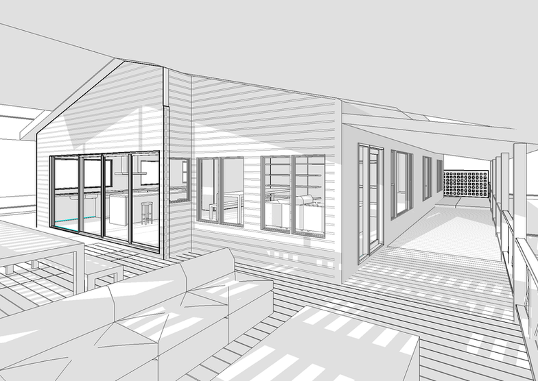 Deck and alfresco area connecting to open-plan interior in Darlington cottage.