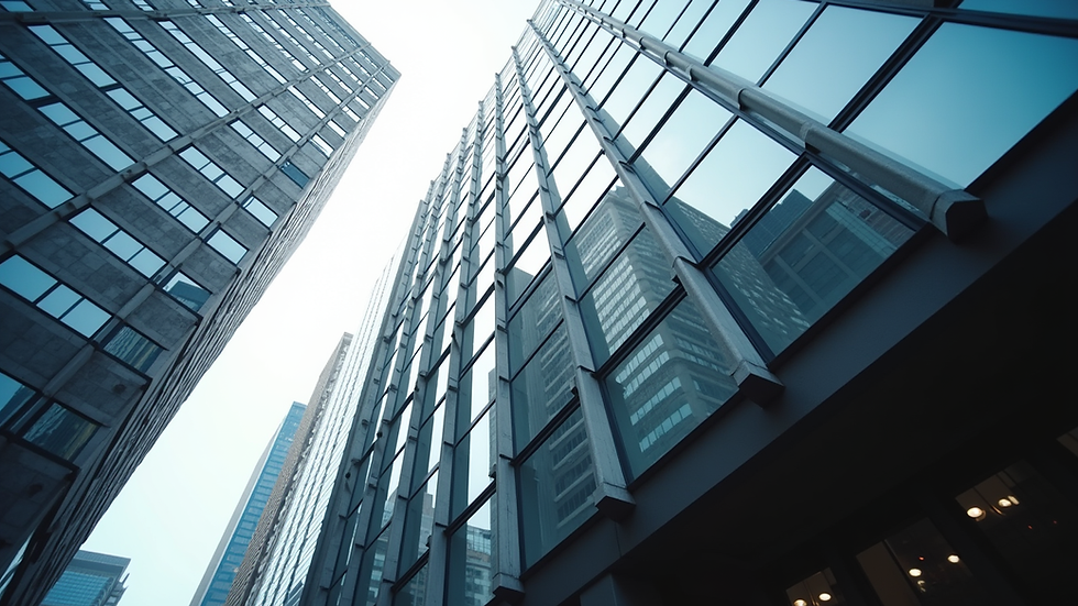 Eye-level view of a modern office building in a financial district