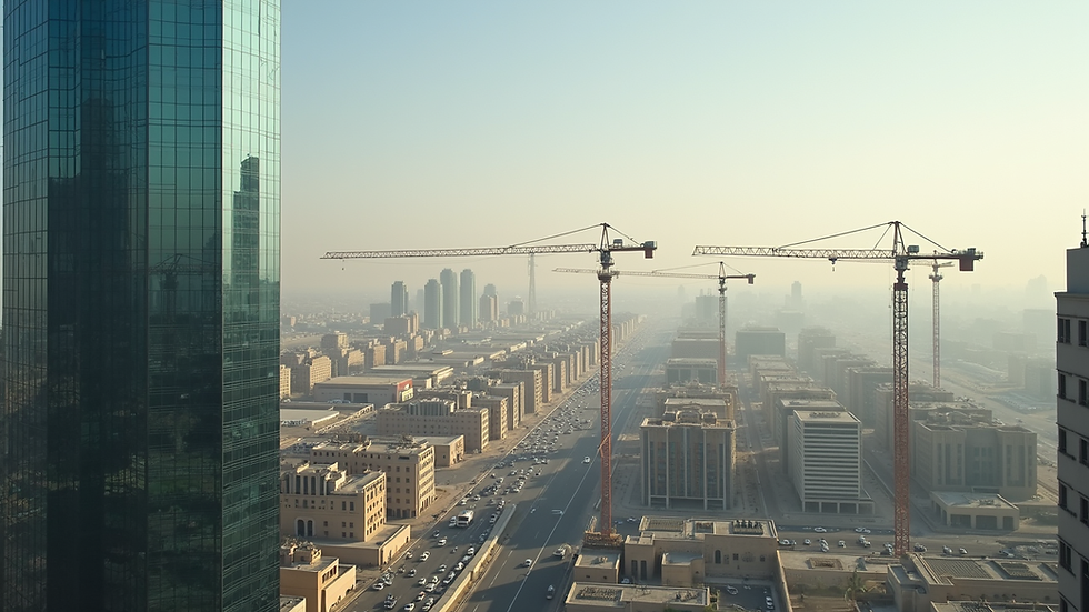 High angle view of a business district with cranes and construction sites in Qatar