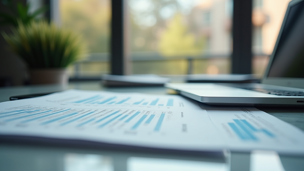 Close-up view of a financial report and laptop on a desk