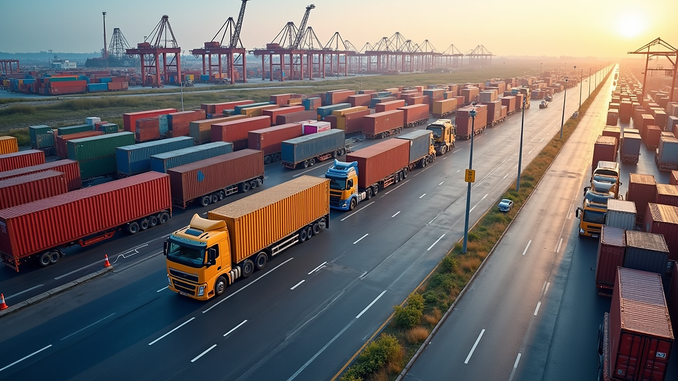 High angle view of a global logistics hub with containers and trucks