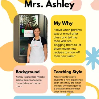 Teacher Spotlight for Mrs. Ashley shows her in a kitchen, wearing a white apron. Text highlights her passion and teaching style.