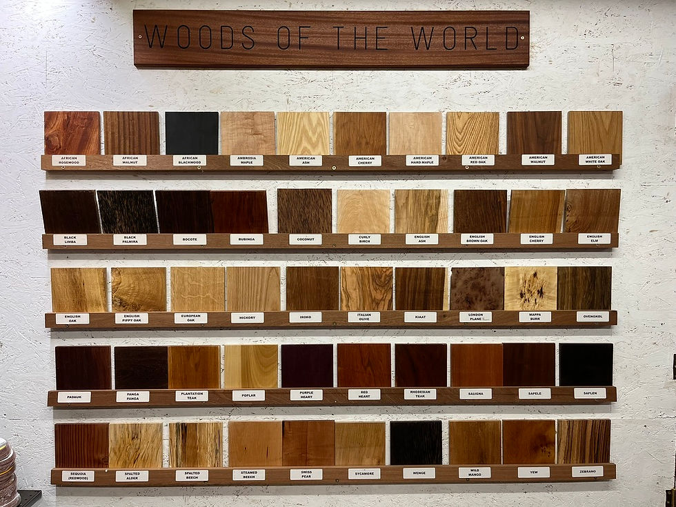 Display of range of hardwoods at Surrey Timber's, all for use in bespoke record player cabinets.