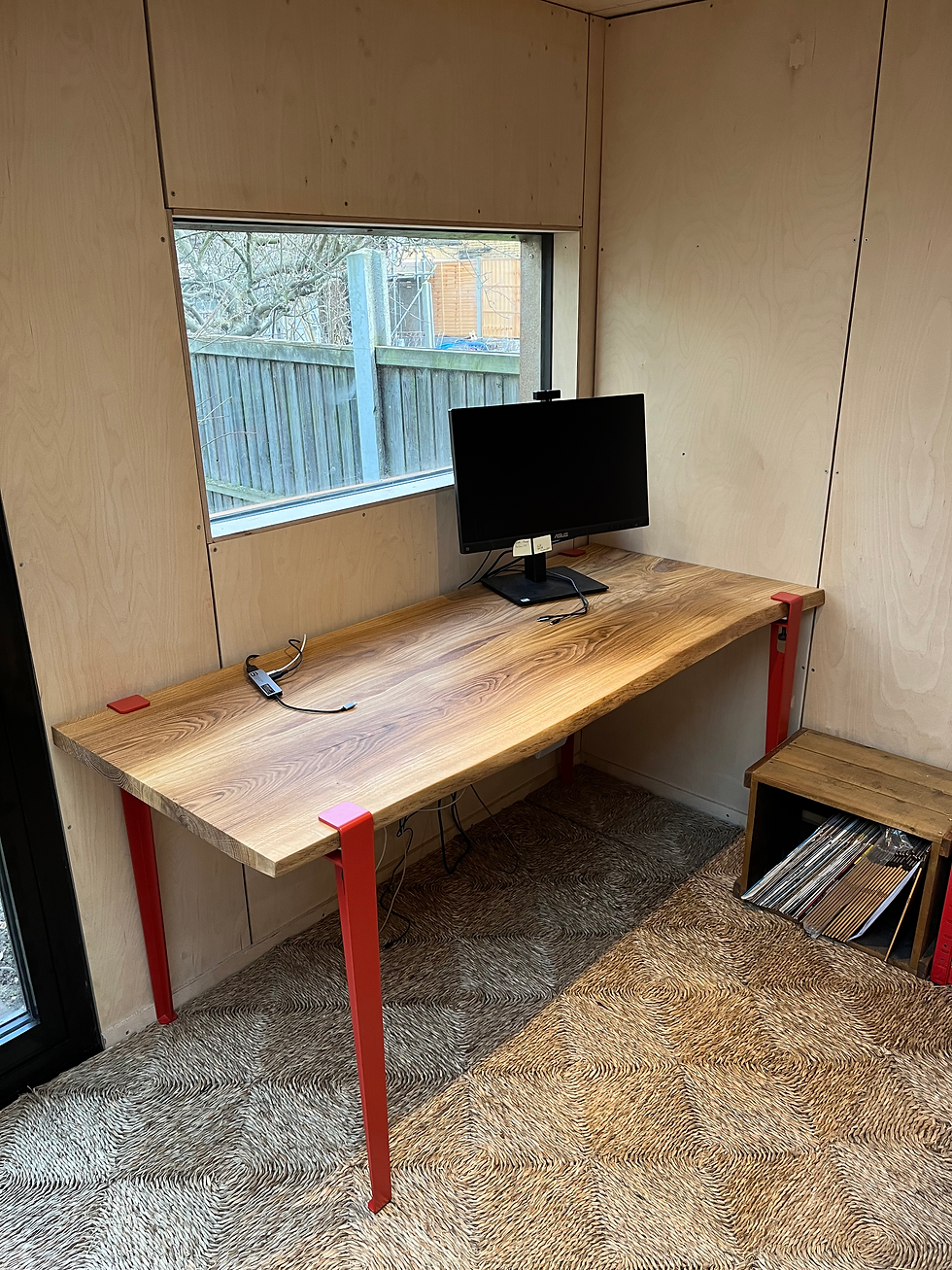 Minimalist oak wooden desk with natural edges and minimalist metal legs, designed as his-and-hers home office desks. With space for a computer monitor.