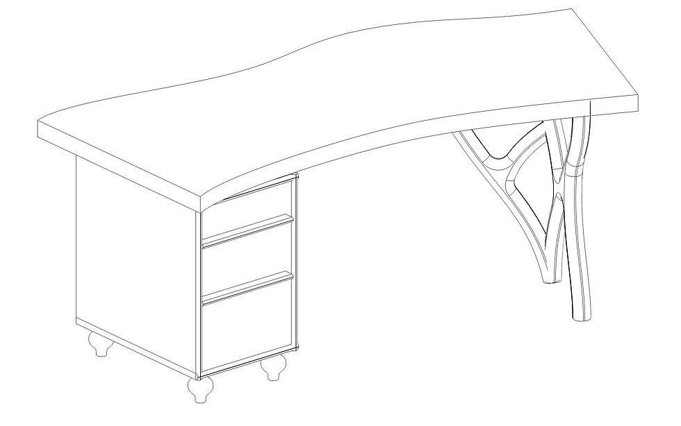 Design sketches for bespoke walnut office desk showing custom desk design and organic leg structure.