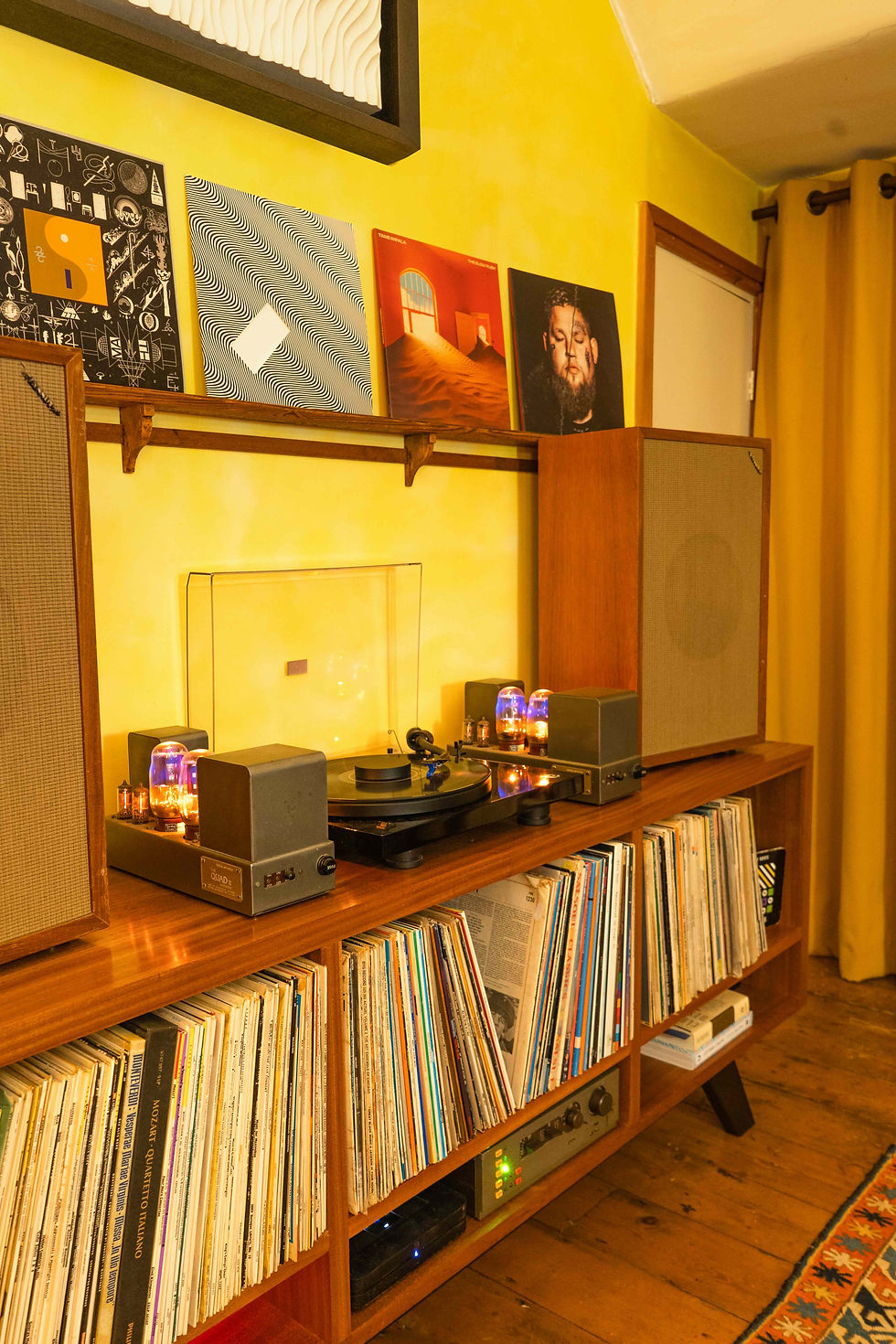 Quad II monoblock valve amplifiers in operation on a bespoke HiFi cabinet