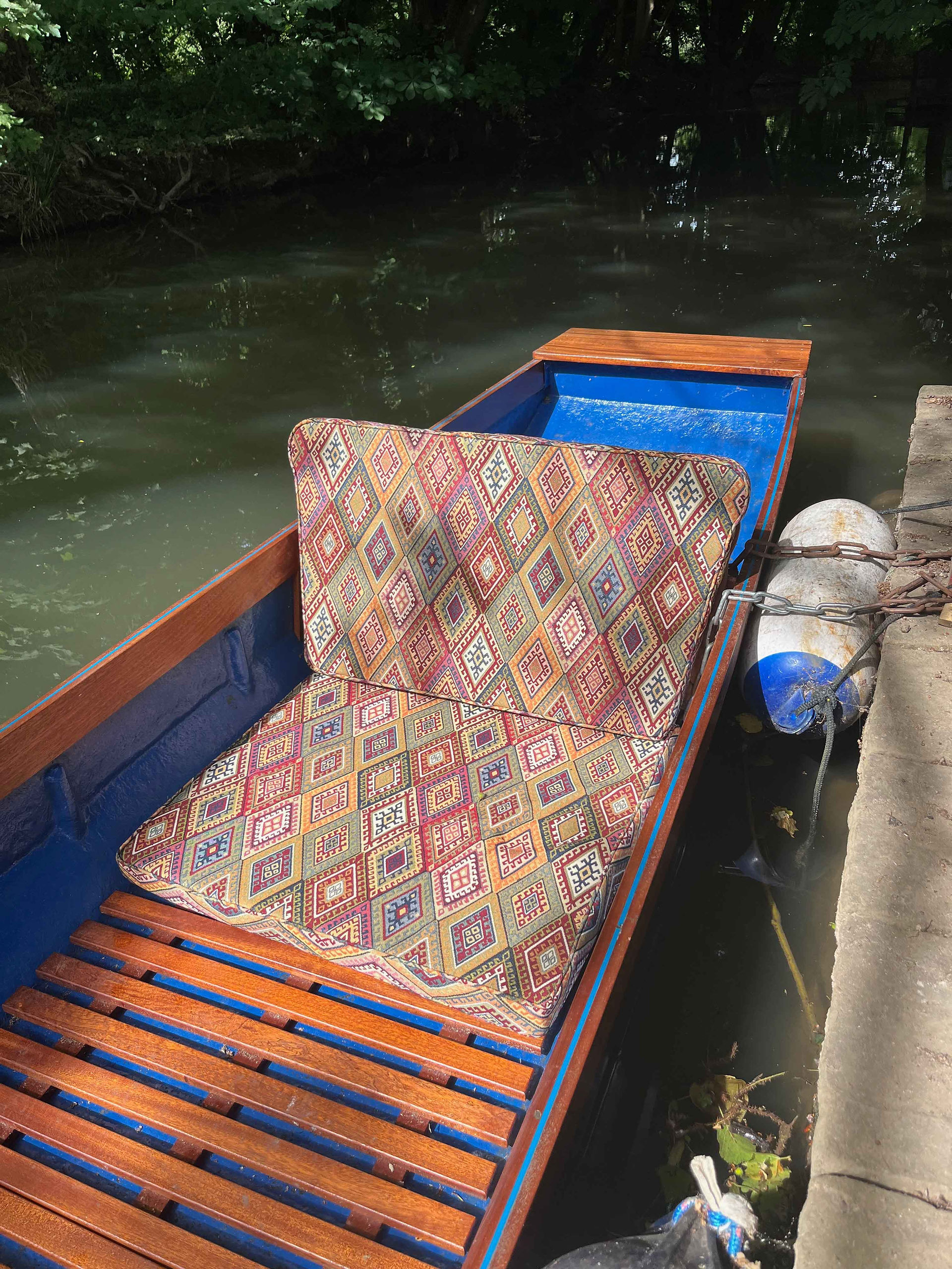 Bespoke cushions in self-built luxury Oxford traditional punt