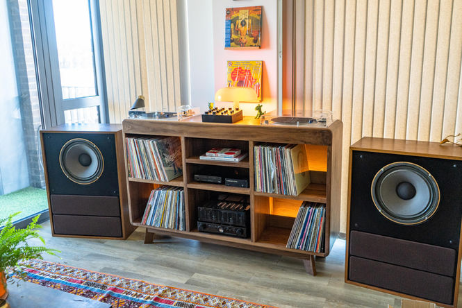 A bespoke HiFi cabinet with vinyl storage built to match Tannoy speakers