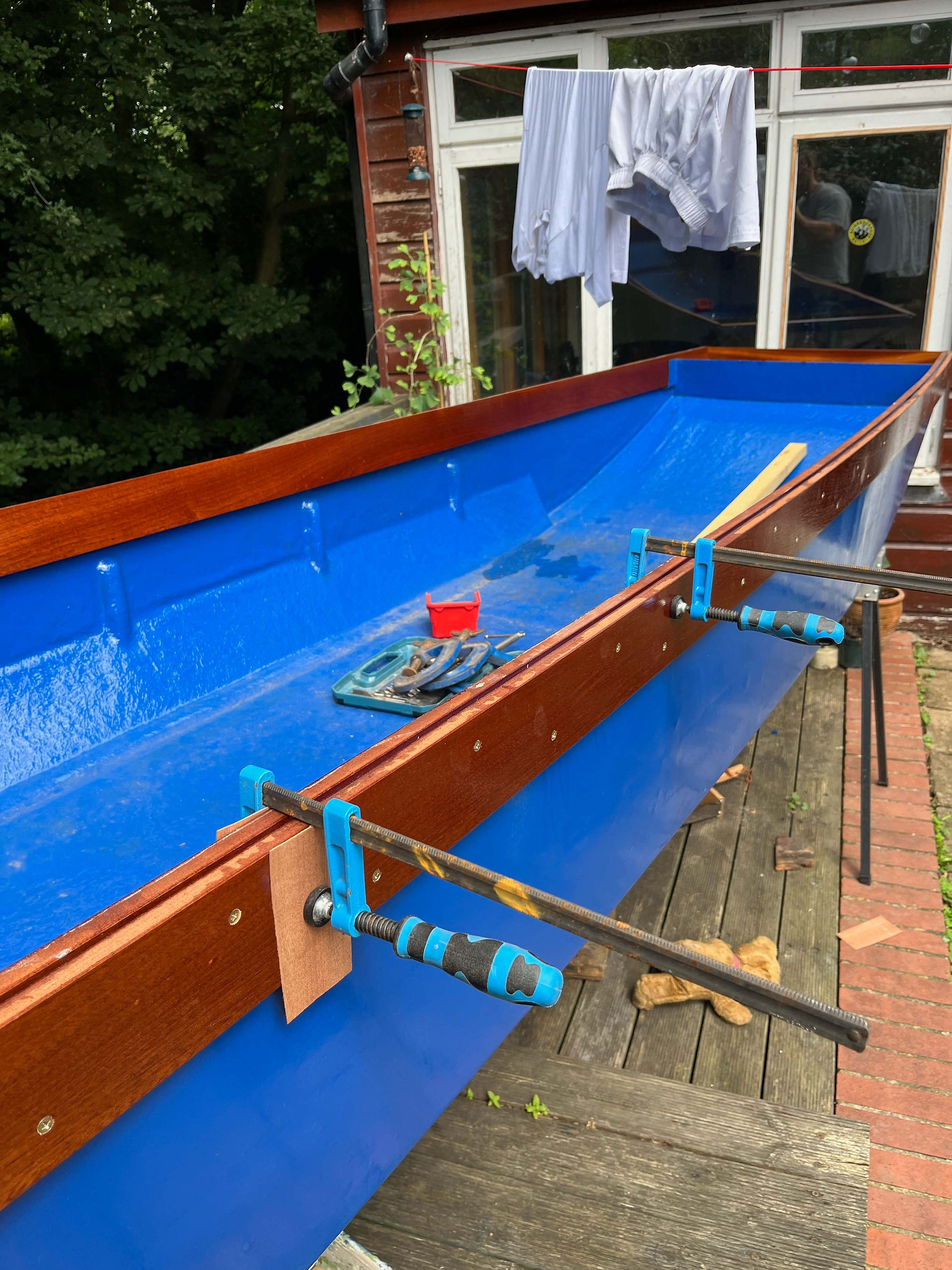 Fibreglass Oxford punt with sapele trimming under construction