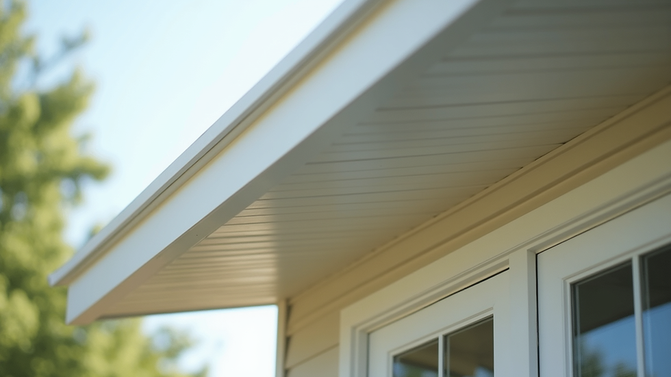 Eye-level view of vinyl soffit panels under roof overhang