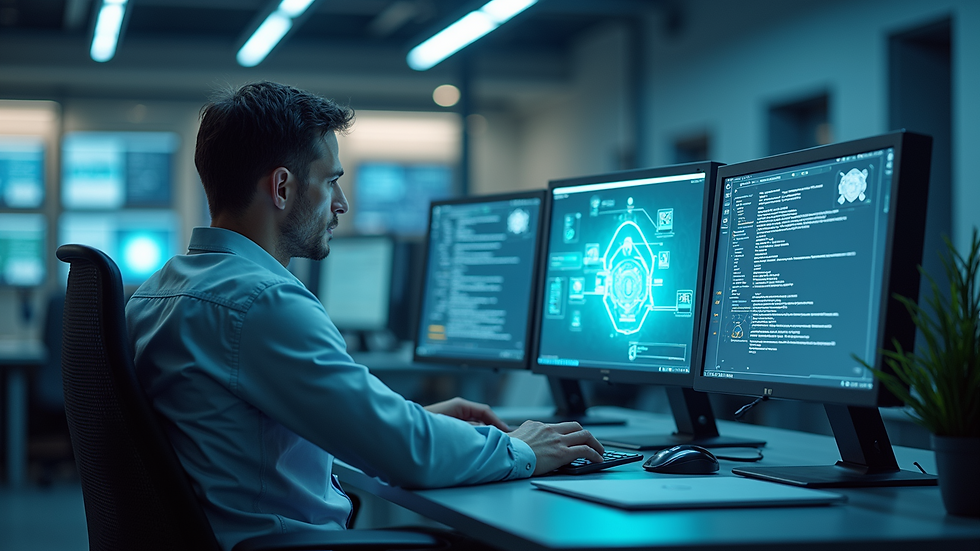 Wide angle view of a futuristic digital workspace with AI integration