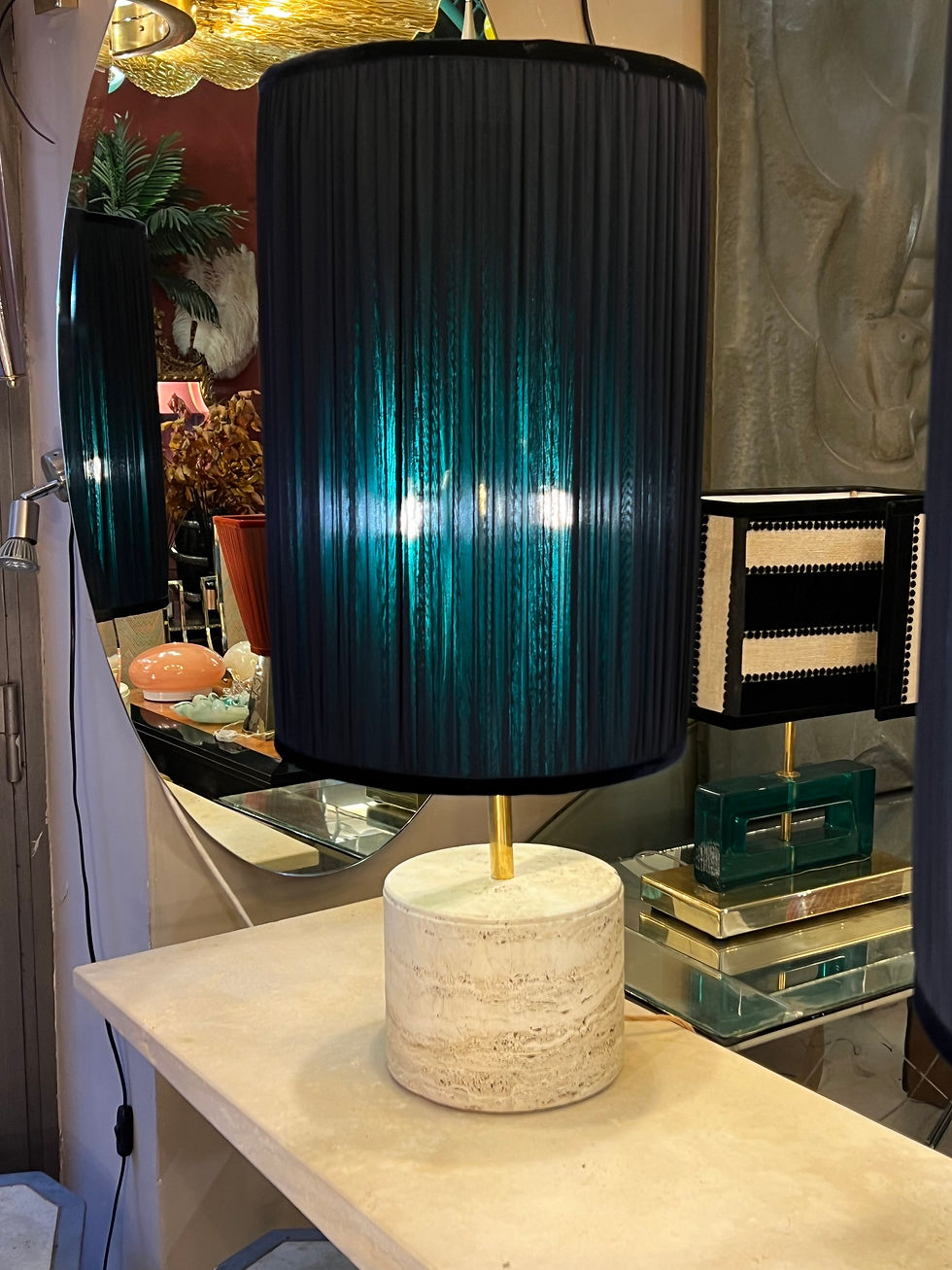 Miniatura: Pair of Brutalist Travertine Table Lamps with our Blue and Green Lampshades 1970