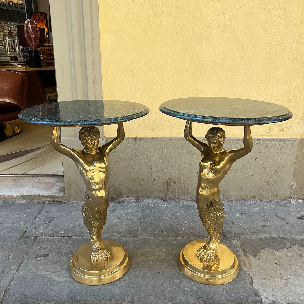 Miniatura: Two Brass Tables Shaped as Nude Male and Female Figures with Green Marble Top