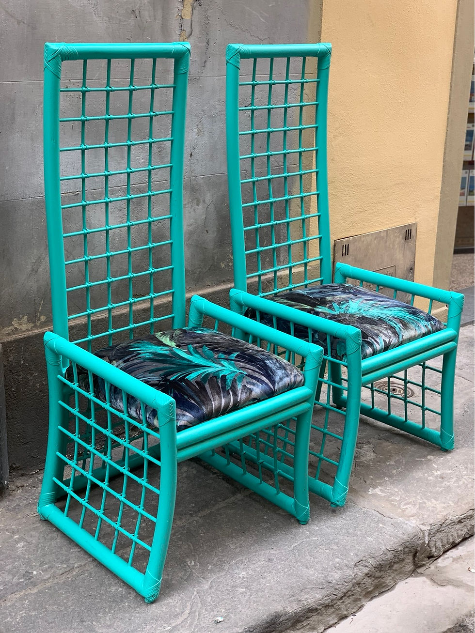 Miniatura: Set of Four Mid-Century Turquoise Bamboo Chairs with Floreal Velvet Seats