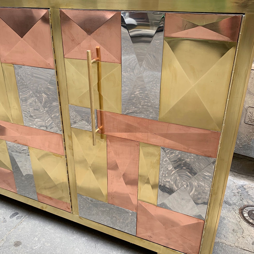 Miniatura: Vintage Italian Credenza, Brass Copper and Steel Plates, Geometric Design, 1970s