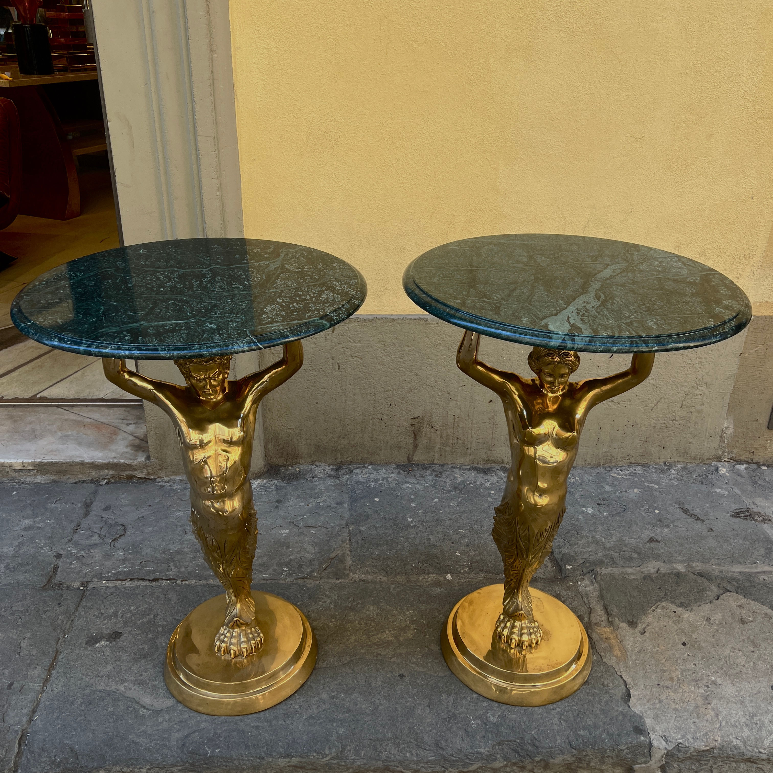 Two Brass Tables Shaped as Nude Male and Female Figures with Green Marble Top