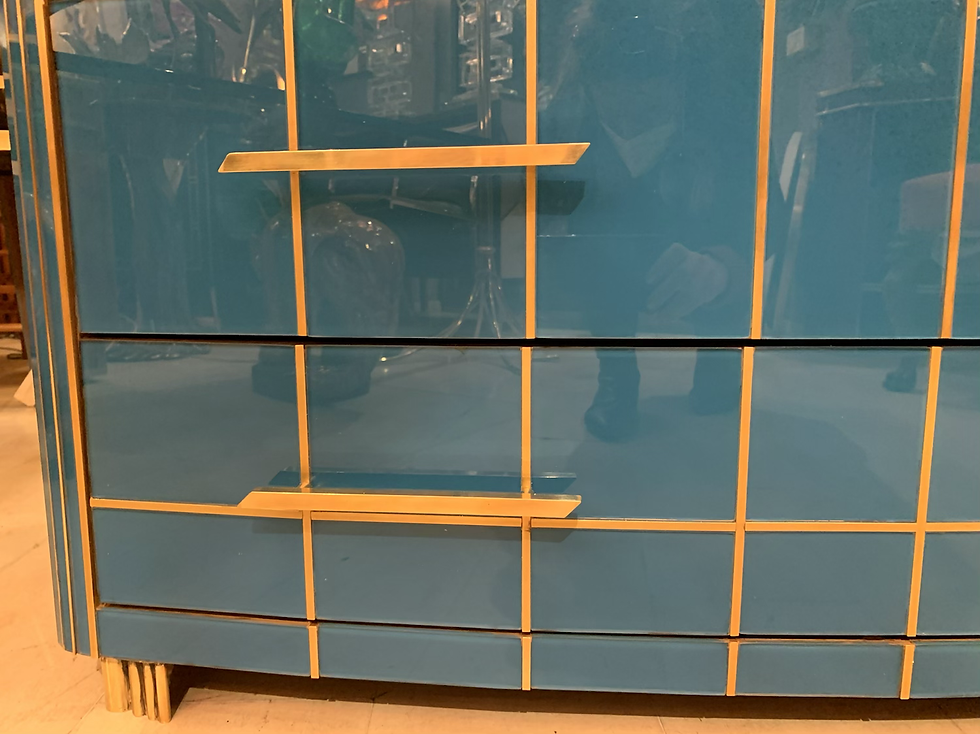 Miniatura: Italian Turquoise Opaline Glass Chest of Drawers, Brass Handles and Inlays, 1980