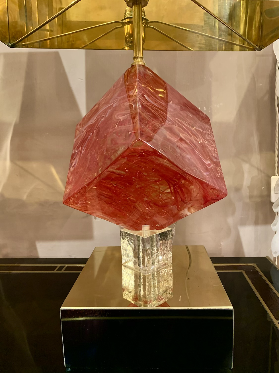 Miniatura: Pair of  Cubic Orange  Murano Glass Table Lamps with Brass Lampshades, 1980s