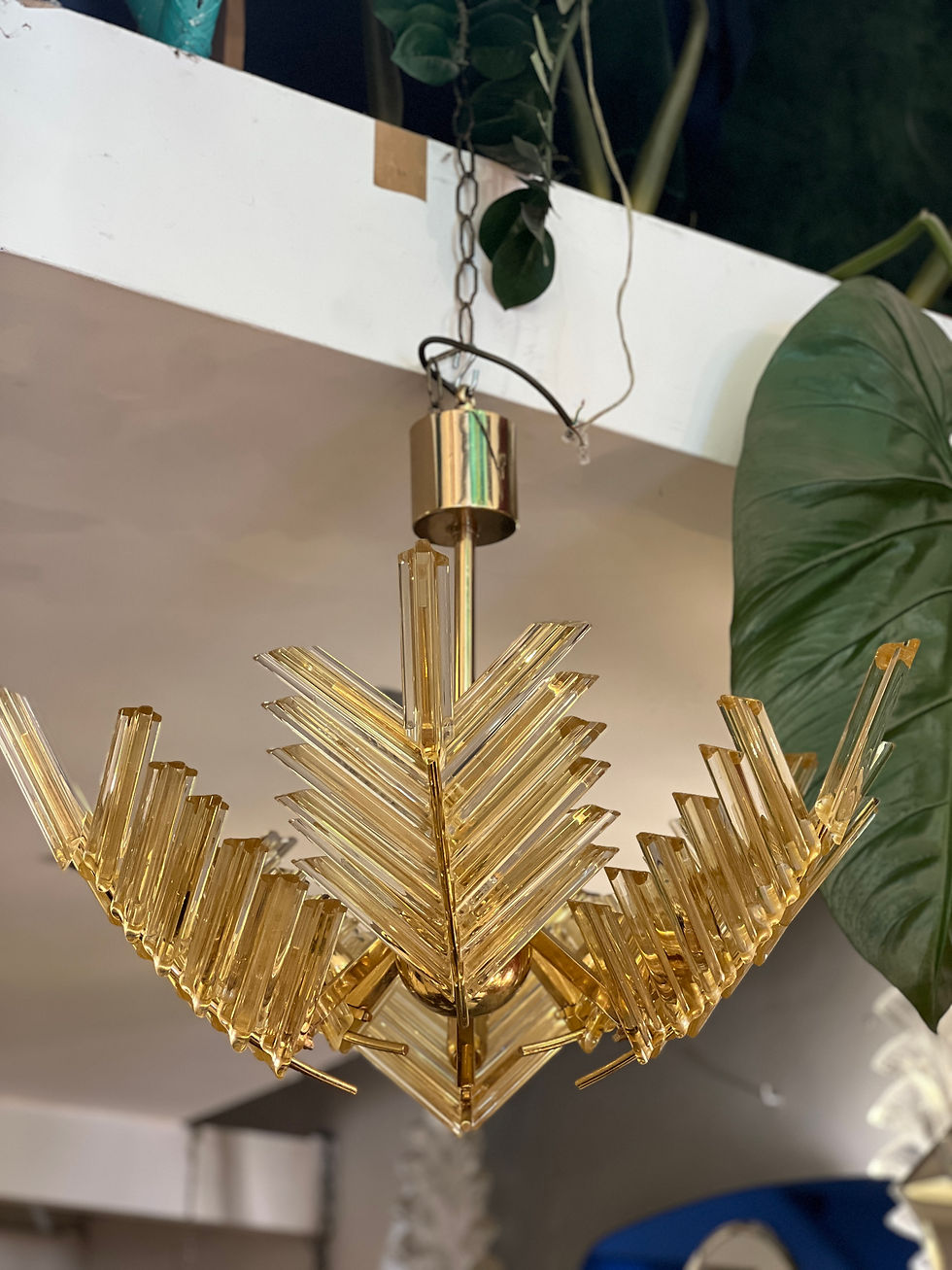 Miniatura: Vintage Gold Murano Glass Palm Leaves and Brass Chandelier 1970