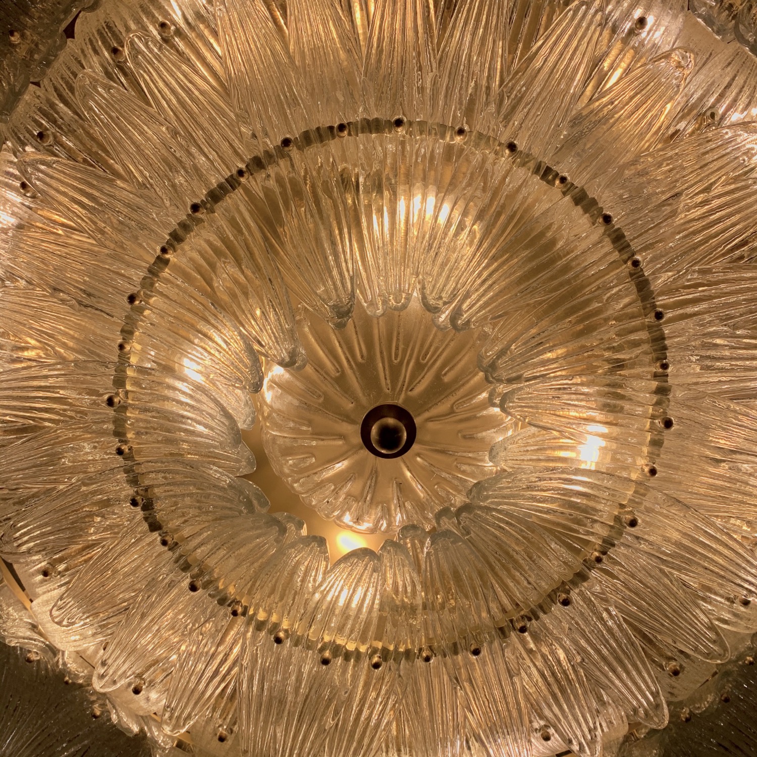 Miniatura: Murano Round Chandelier with Clear Glass Leaves, Brass Structure, 1950s