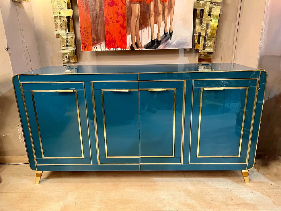 Miniatura: Italian Turquoise Opaline Glass Credenza, Brass Handles and Inlays, 1980