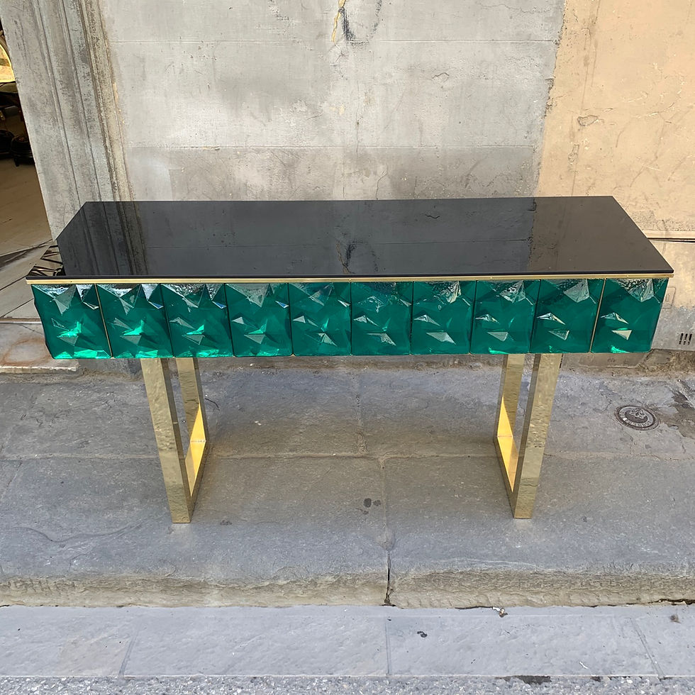 Miniatura: Emerald Murano Glass Console with Blue Black Opaline Glass Top, Brass Legs