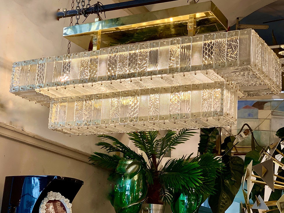 Miniatura: Lampadario rettangolare in  vetro di Murano trasparente inciso, 1950